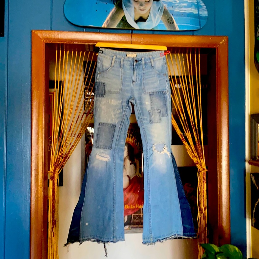 RARE Free People patchwork super flare jeans